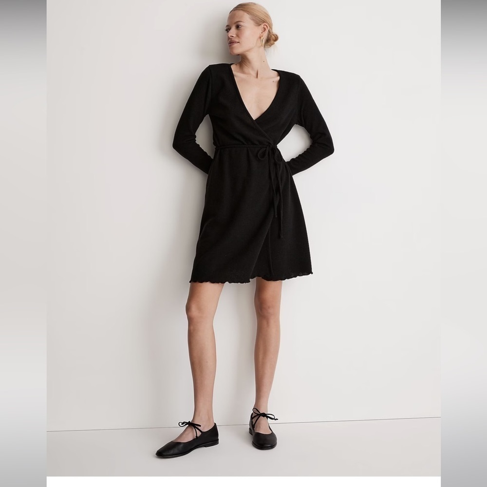 Madewell Ribbed Knit Wrap Mini Dress NI685 Black S